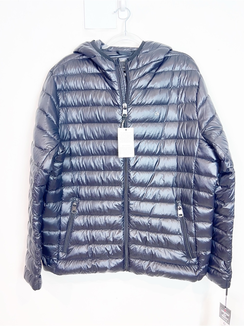 CALVIN KLEIN BLACK PUFFER PACKABLE PREMIUM DOWN HOODED JACKET SZ LARGE NWT